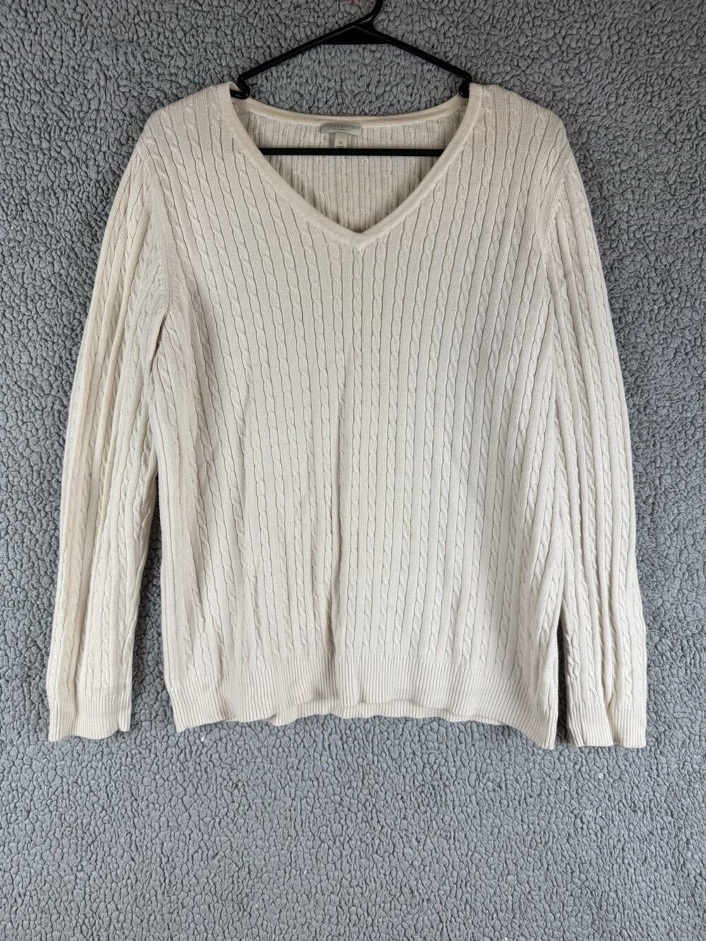 Talbots Plus Cream Cable Knit Sweater 1X Button Shoulder Crewneck Top